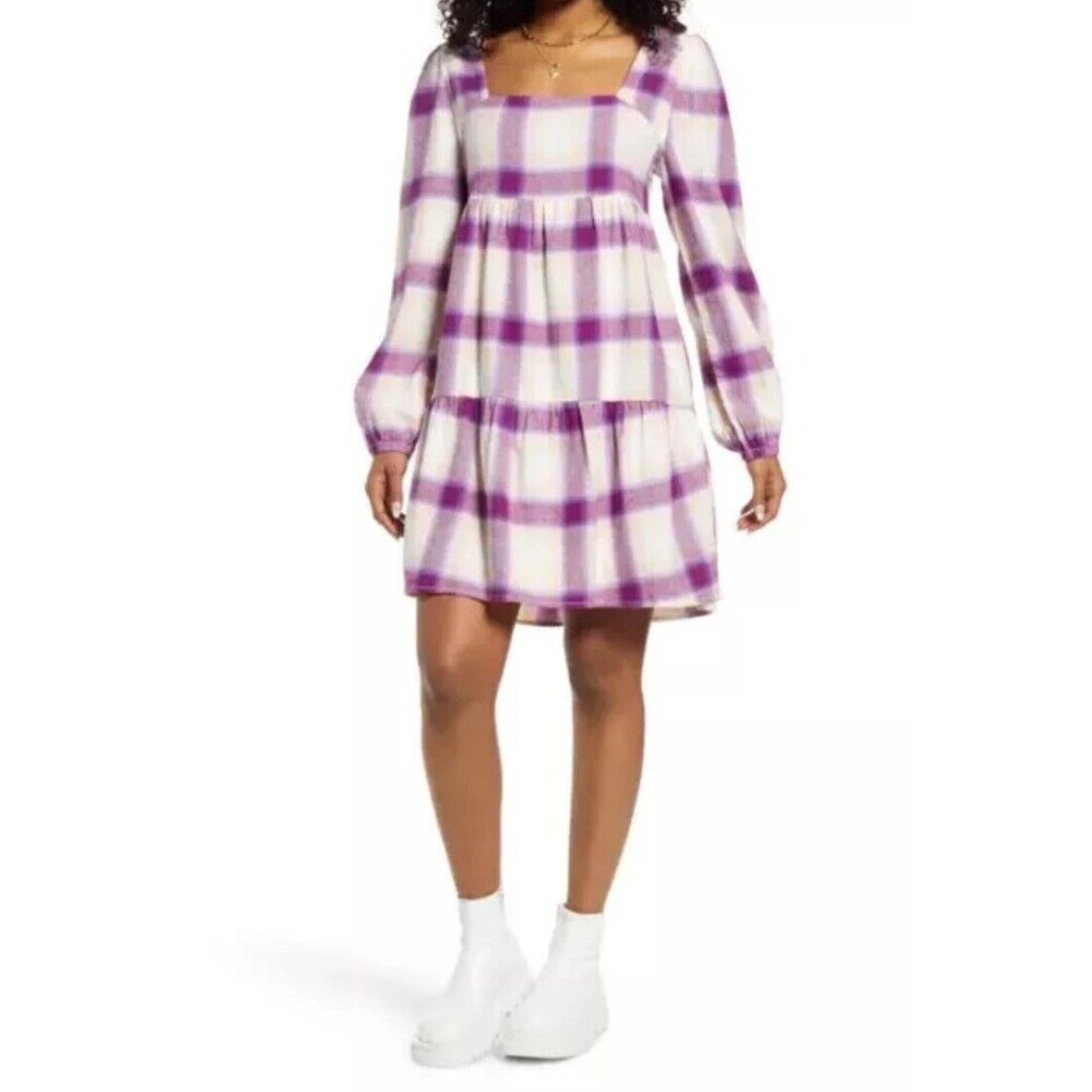 Nordstrom BP Women's Plaid Long Sleeve Mini Dress Purple Ivory M 100% Cotton